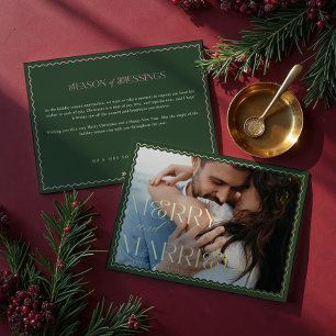 Merry & Married Modern Minimal Wavy Wedding Photo  Foil Holiday Card