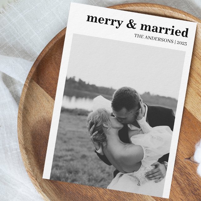 Merry & Married Modern Minimalist Photo Christmas Holiday Card (Merry & married)