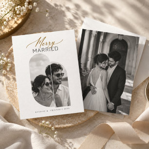 Merry & Married Modern Oval Frame Newlywed Photo Holiday Card