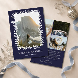 Merry & Married Navy Silver Bows 4 Photo Wedding Foil Holiday Card