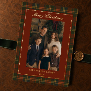 Merry & Married Newlywed Christmas Plaid Real Gold Foil Holiday Card