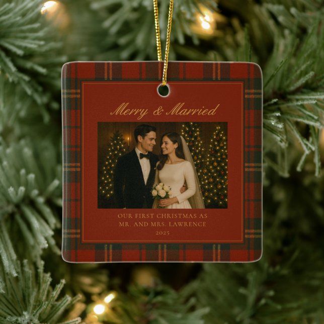 Merry & Married Newlywed First Christmas Photo Ceramic Ornament (Tree)