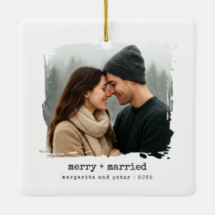 Merry + Married Newlywed First Christmas Photo  Ceramic Ornament