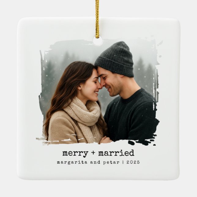 Merry + Married Newlywed First Christmas Photo  Ceramic Ornament (Back)
