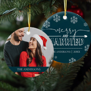 Merry & Married Newlywed First Christmas Photo Ceramic Tree Decoration