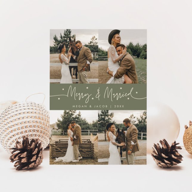 Merry & Married Newlywed Multi Photo Sage Holiday Card (Creator Uploaded)