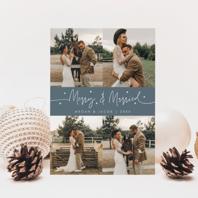 Merry & Married Newlywed Multi Photo Slate Blue Holiday Card (Creator Uploaded)
