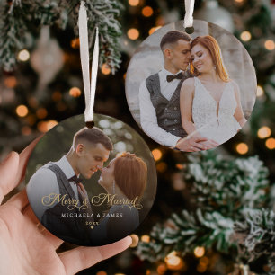 Merry & Married Newlywed Photo Ceramic Tree Decoration