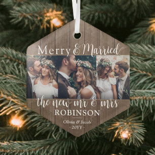 Merry & Married Newlyweds 3 Photo Rustic Faux Wood Glass Tree Decoration