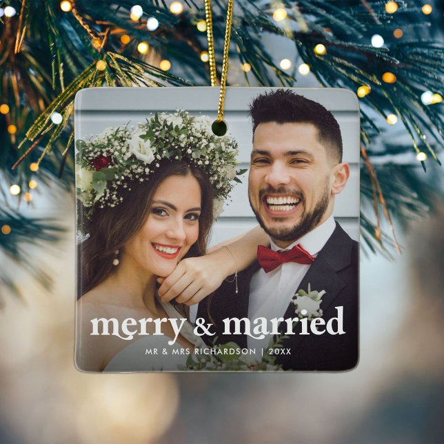 Merry & Married Newlyweds Christmas Photo Ceramic Ornament (Creator Uploaded)
