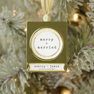 Merry & Married Newlywed's First Christmas Gold Plated Banner Ornament