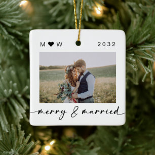 Merry & Married Newlyweds Photo Keepsake Ceramic Ornament