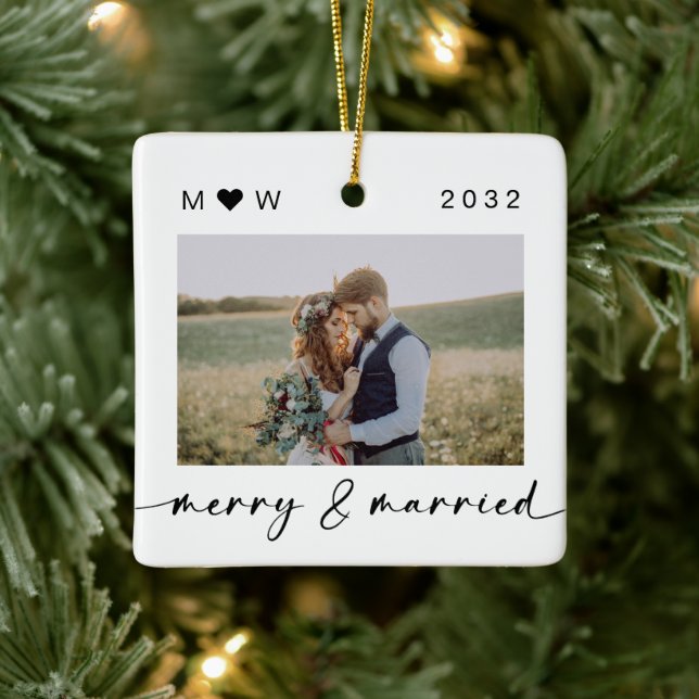 Merry & Married Newlyweds Photo Keepsake Ceramic Ornament (Tree)
