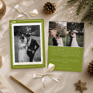 Merry & Married Olive Green 3 Photo Christmas Foil Holiday Card