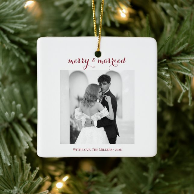 Merry & Married - Personalised Newlywed Christmas  Ceramic Ornament (Tree)