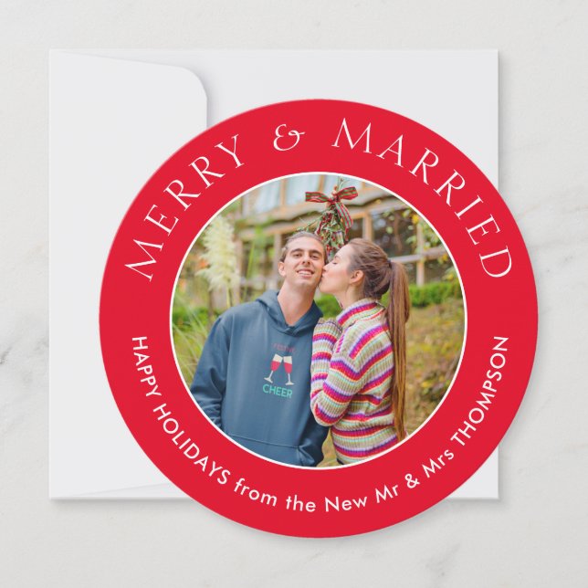 Merry Married Photo Circular Christmas Red Holiday Card (Front)