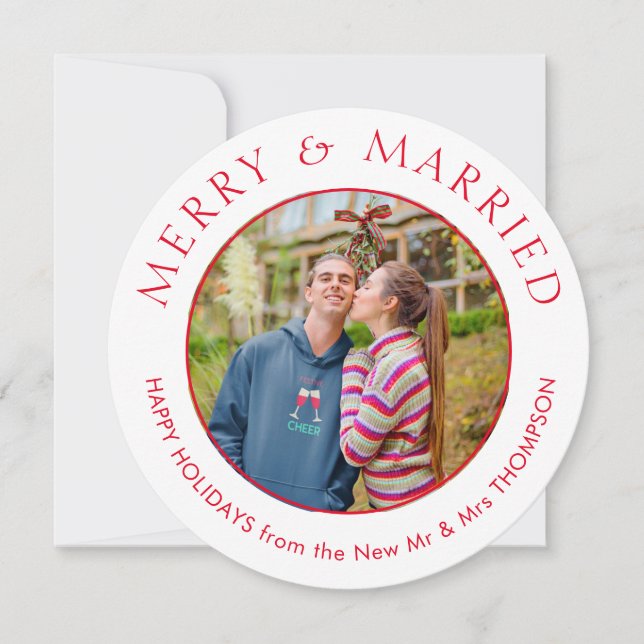 Merry Married Photo Circular Christmas White Holiday Card (Front)