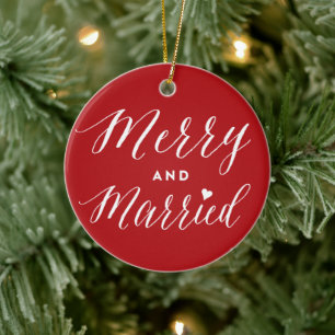 Merry & Married Photo Holiday Wedding Announcement Ceramic Tree Decoration