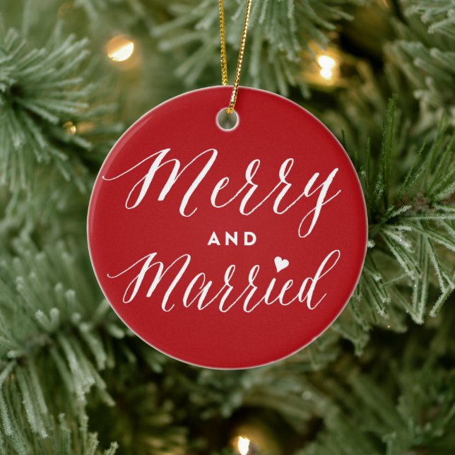 Merry & Married Photo Holiday Wedding Announcement Ceramic Tree Decoration (Tree)