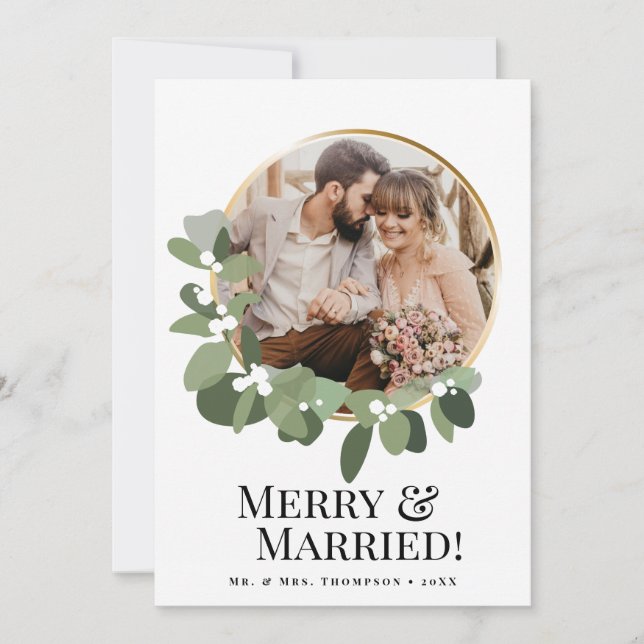 Merry & Married Photo Modern wreath Elegant Holiday Card (Front)