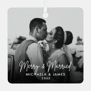 Merry & Married Photo, Names & Year Metal Tree Decoration