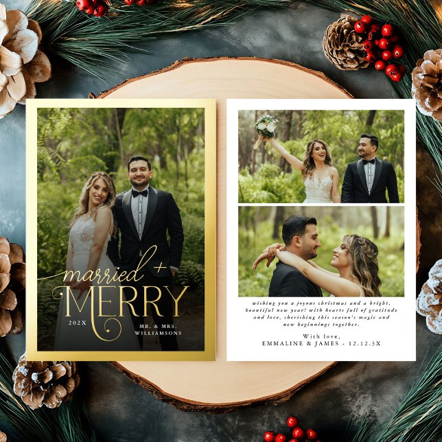 Merry & Married Photo Newlyweds Christmas Foil Holiday Card (Creator Uploaded)