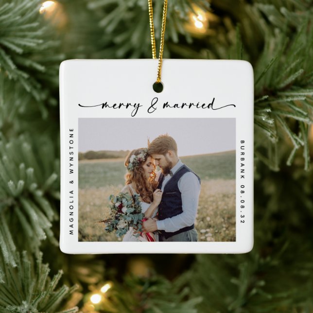 Merry & Married Photo Newlyweds Keepsake Ceramic Ornament (Tree)