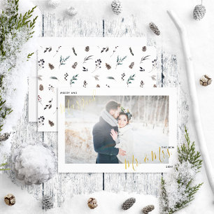 Merry & Married Pinecone Wedding Photo Foil Holiday Card