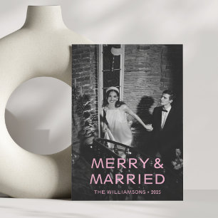 Merry Married Pink Text Overlay Photo Christmas Holiday Card