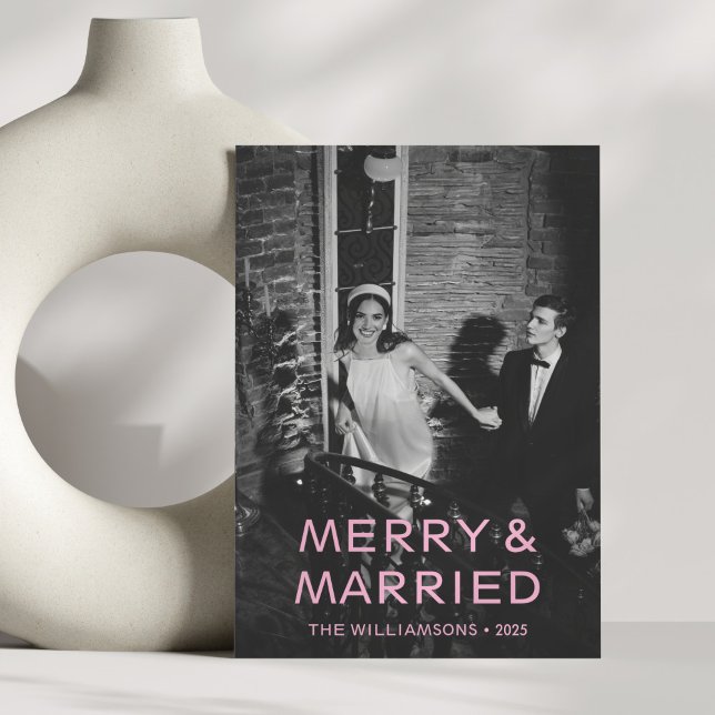 Merry Married Pink Text Overlay Photo Christmas Holiday Card (Creator Uploaded)