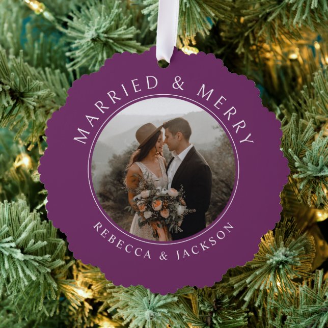 Merry Married Purple Wedding Photo Christmas Tree Decoration Card (Insitu (Tree))