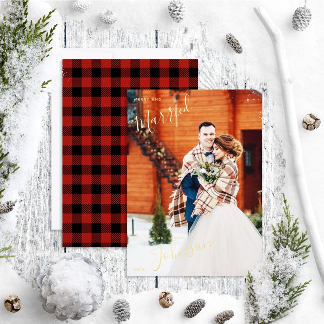 Merry & Married Red Plaid Winter Wedding Photo Foil Holiday Card (Creator Uploaded)