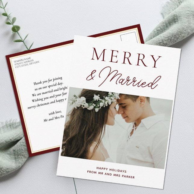 Merry Married Red Script Modern Photo Christmas Holiday Postcard (Creator Uploaded)