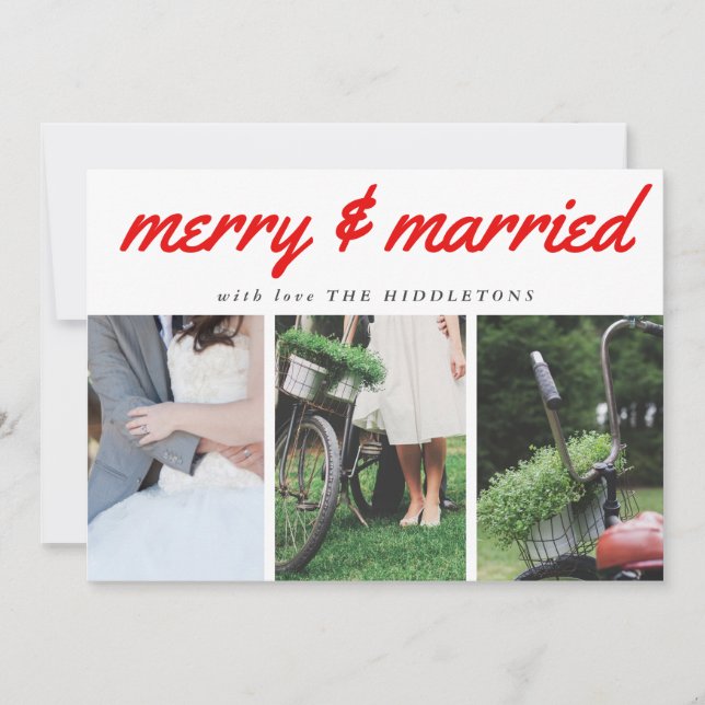 Merry & Married Red Typography Three Photo Holiday (Front)