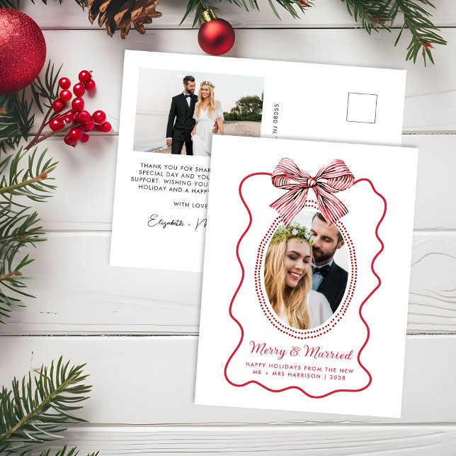 Merry Married Red Wavy Frame Bow Photo Christmas Holiday Postcard (Creator Uploaded)