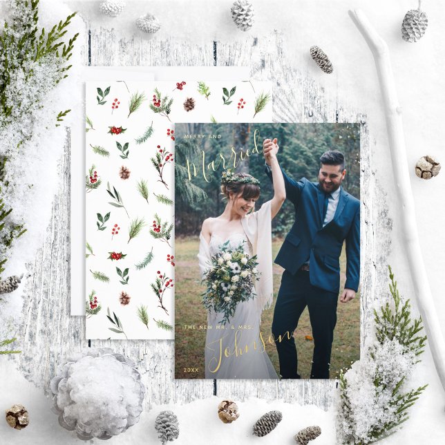 Merry & Married Red Winter Wedding Photo Foil Holiday Card (Creator Uploaded)