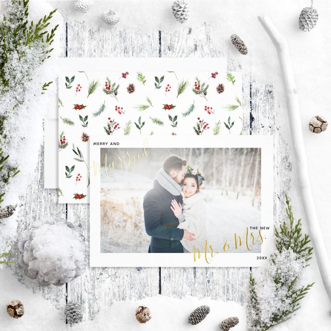 Merry & Married Red Winter Wedding Photo Foil Holiday Card (Creator Uploaded)