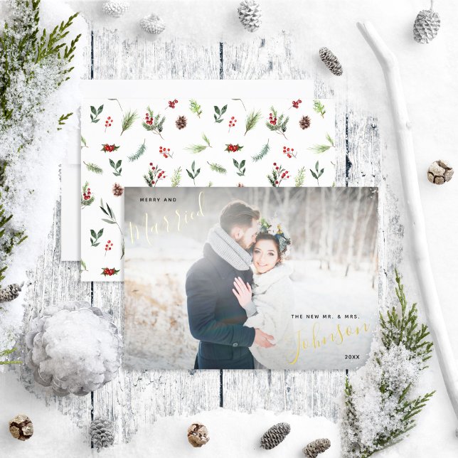 Merry & Married Red Winter Wedding Photo Foil Holiday Card (Creator Uploaded)