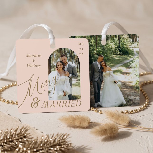 Merry & Married Script Modern Engagement Photo Metal Tree Decoration (Merry & Married Script Modern Engagement Photo Metal Ornament)