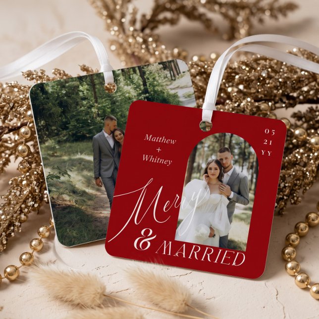 Merry & Married Script Modern Engagement Photo Metal Tree Decoration (Merry & Married Script Modern Engagement Photo Metal Ornament)
