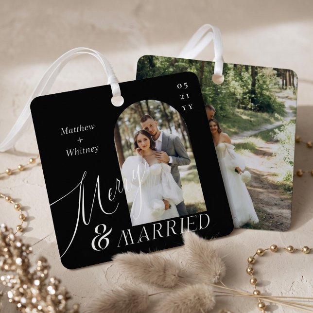 Merry & Married Script Modern Engagement Photo Metal Tree Decoration (Merry & Married Script Modern Engagement Photo Metal Ornament)