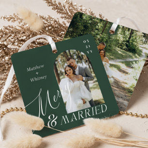 Merry & Married Script Modern Engagement Photo Metal Tree Decoration