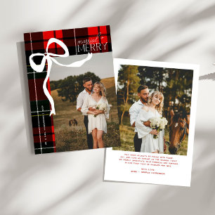 Merry & Married Script Photo Christmas Tartan Bow Holiday Card