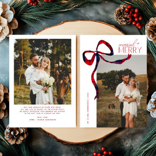 Merry & Married Script Photo Christmas Tartan Bow Holiday Card