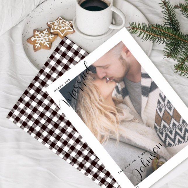 Merry & Married Script Plaid Photo Christmas Card (Creator Uploaded)