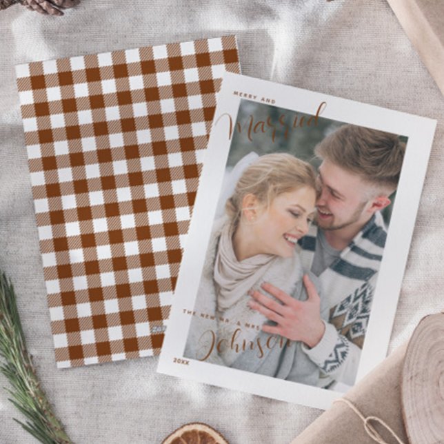 Merry & Married Script Typography Plaid Photo Holiday Card (Creator Uploaded)