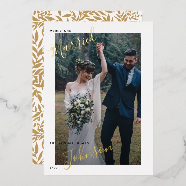 Merry & Married Script Wedding Photo Foil Holiday  (Front/Back)