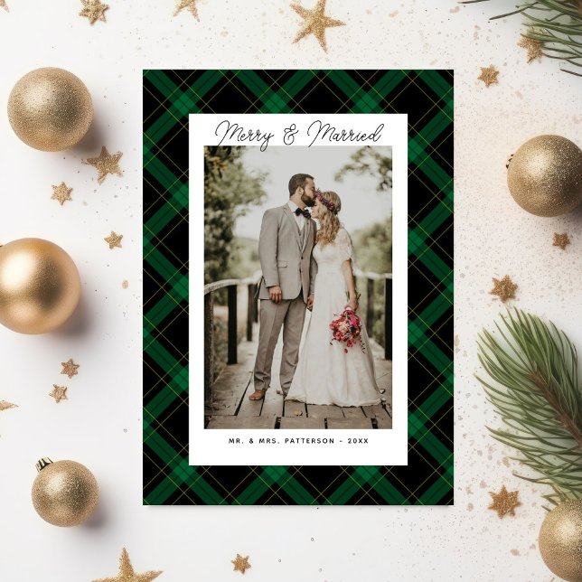 Merry & Married Tartan Plaid Christmas Photo Holiday Postcard (Creator Uploaded)