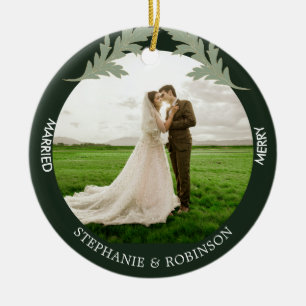 Merry Married Watercolor Photo Green  Ceramic Tree Decoration