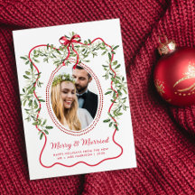 Merry Married Wavy Frame Newlyweds Christmas Photo